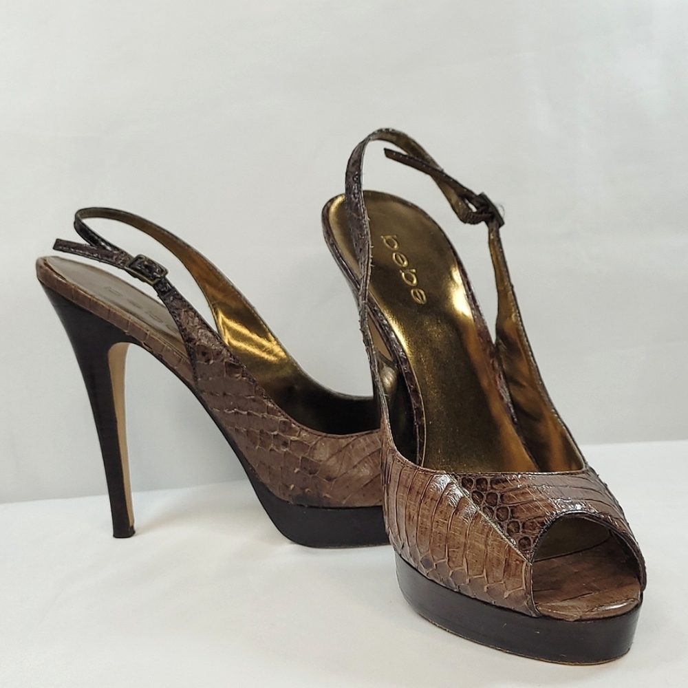 Bebe Chocolate Brown Peep Toe Slingback Platform Heels